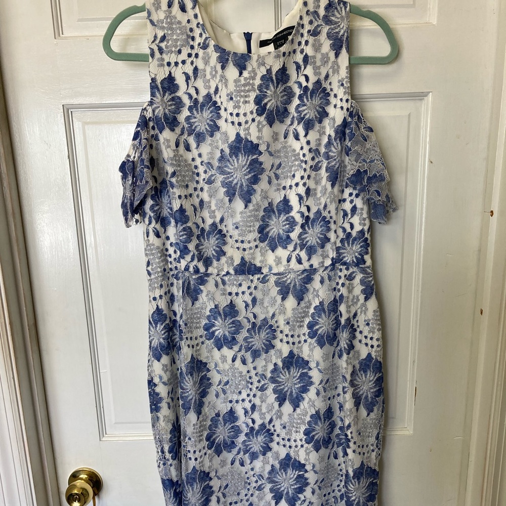 French Connection Cold Shoulder Blue White Lace Trim Dress  Size 10